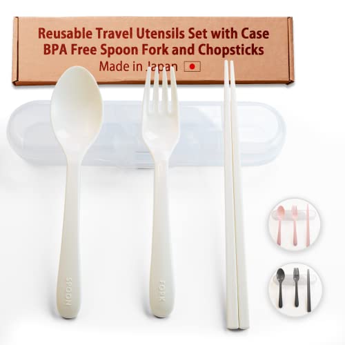 Portable Travel Utensils Set with Case - BPA Free Sturdy Plastic Fork, Spoon, and Chopsticks