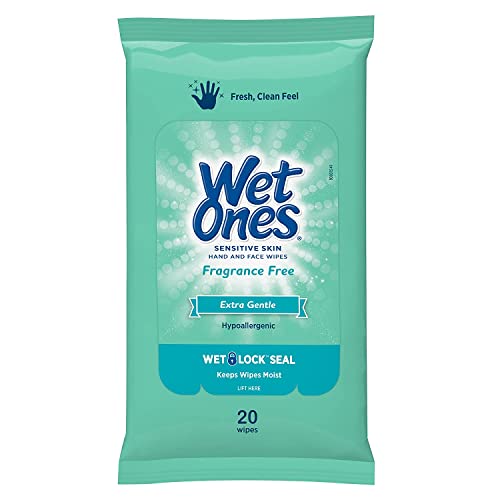 Wet Ones Sensitive Skin Hand & Face Wipes, 20 Count Travel Pack (Pack of 5)