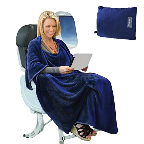 PAVILIA Travel Blanket and Pillow Set, Airplane Blanket Compact 2-in-1 Soft  Bag, Travel Essentials for Adult Flight, Portable Throw with Arm Hole