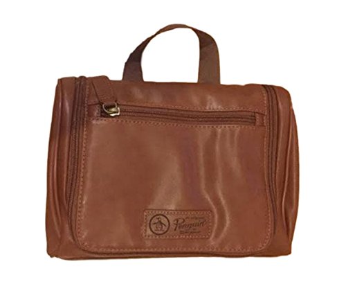 Men's Light Brown Leather Hanging Travel Toiletry Kit Bag