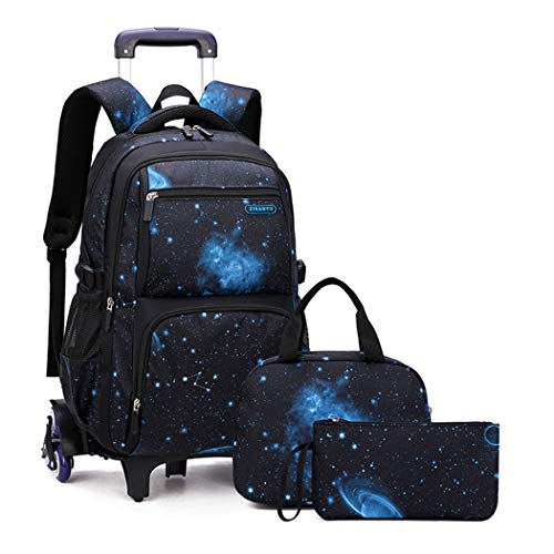 Galaxy Print Rolling Backpack for Boys with Lunch Bag
