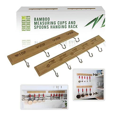 Premium Bamboo Measuring Cups and Spoons Hanging Rack Set