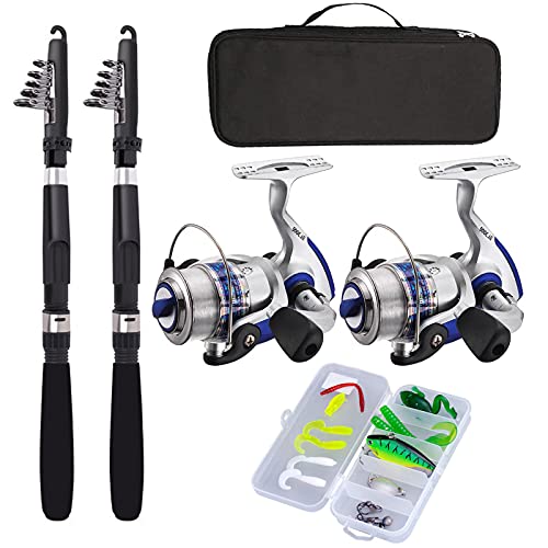2.1m/6.89ft 2PCS Collapsible Rods 2PCS Spinning Reels Lures Set Carrier Bag Carbon Fiber Telescopic Fishing Rods Sea Saltwater Freshwater Kit Fishing Rod Reel Combos