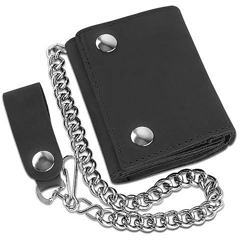 Deluxe Cowhide Leather Biker Chain Wallets: USA Made Large Tri-Fold