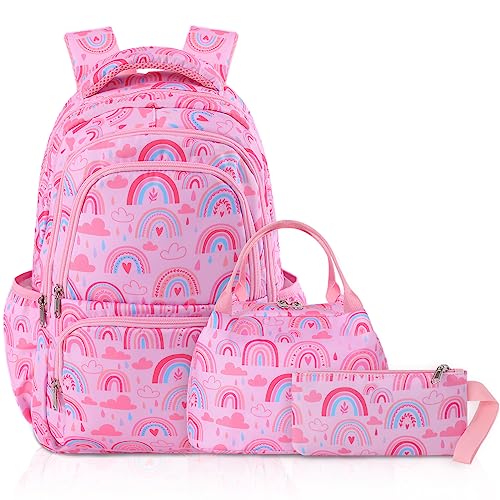 Rainbow Backpack for Girls Kids with Lunch Bag and Pencil Pouch