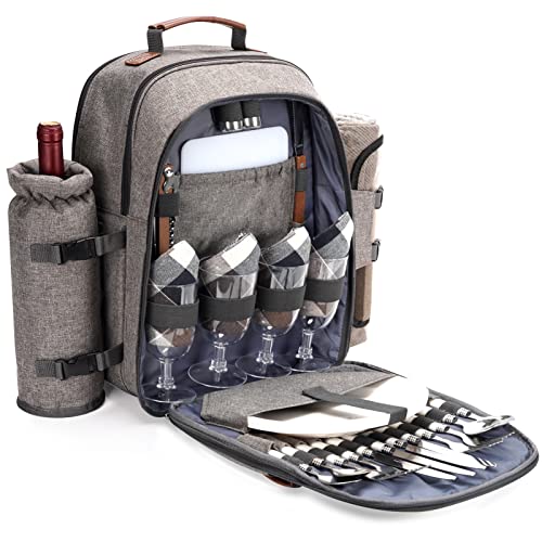 4 Person Picnic Backpack Set with Cooler Compartment and Blanket