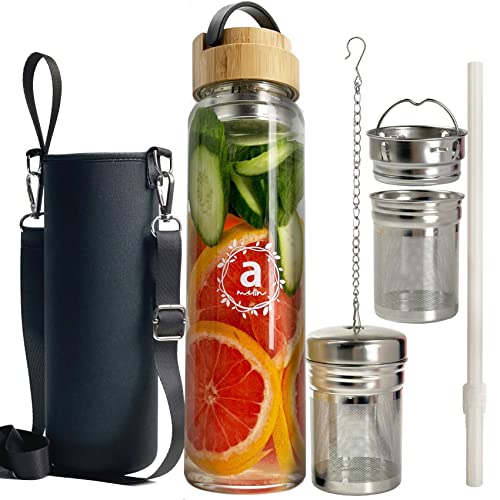 ameiin 32oz Glass Water Bottle with Tea Infuser and Bamboo Lid