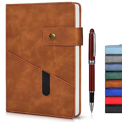 Elegant Brown Leather Journal Notebook with Pen and Gusseted Pocket