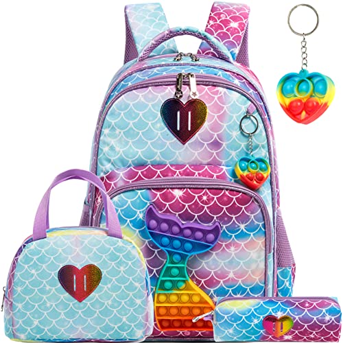 Mermaid Backpack for Girls with Lunch Box & Pencil Case