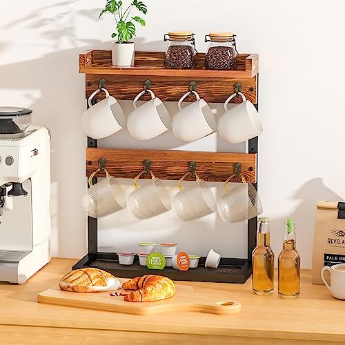 Wood Coffee Mug Holder with Hooks and Storage Shelf