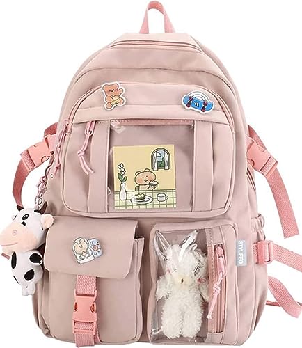 Kawaii Backpack with Cute Cow Plush & Pin Accessories