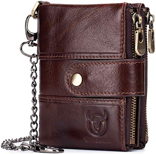 BULLCAPTAIN Leather Men Wallet with Anti-Theft Chain