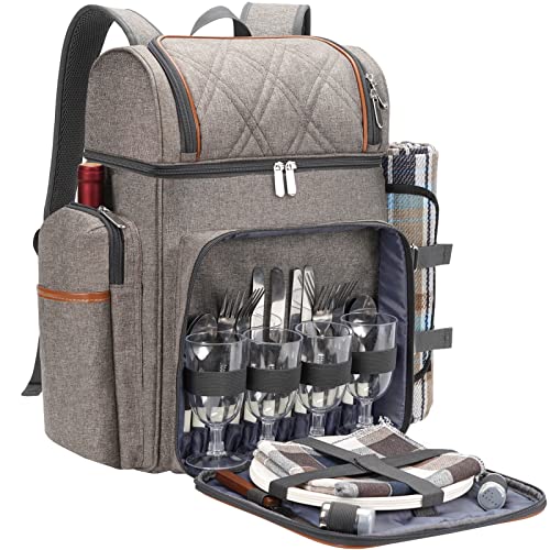Picnic Backpack for 4 with Insulated Cooler and Blanket