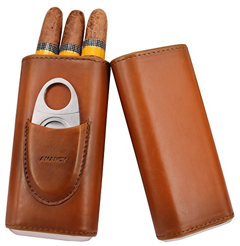 AMANCY Premium Leather Cigar Case with Cedar Wood Lining and Cutter