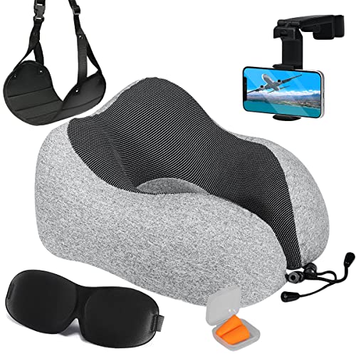 Airplane Travel Kit with Neck Pillow, Phone Holder, Eye Masks, Foot Hammock, Earplugs