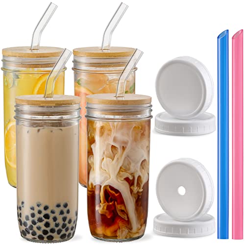 Glass Cups Set with Bamboo Lids and Glass Straw - 4 Pack