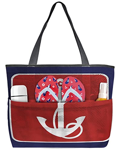 Large Mesh Beach Bag with Retro Nautical Design