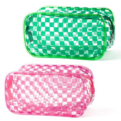 Pink Green Checkered Clear PVC Makeup Bag