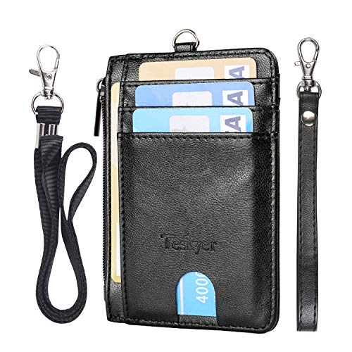 Teskyer Slim Wallet with Zip Pocket & Neck Lanyard