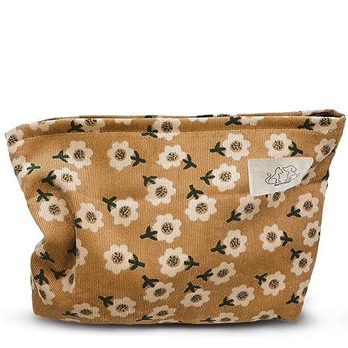 Women Floral Corduroy Travel Makeup Bag - Khaki