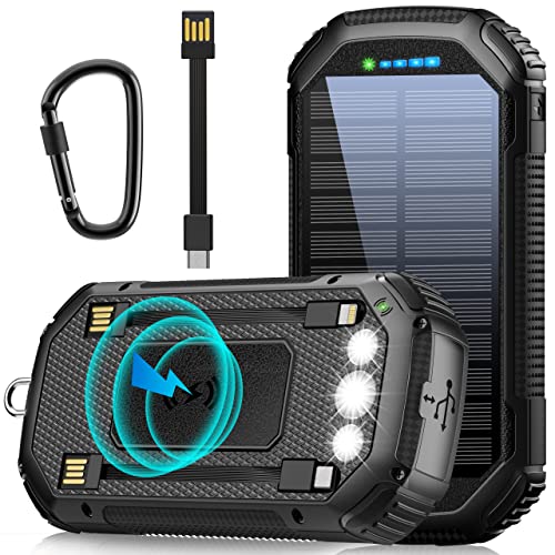 36000mAh Solar Power Bank with Built-in Cables and Wireless Charging