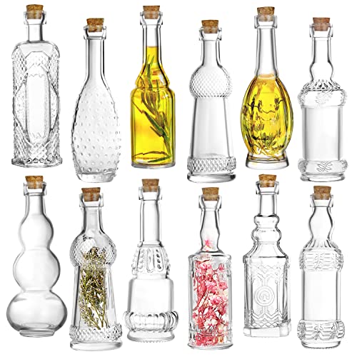 Kitchen Lux Vintage Small Bottles With Corks - Charming Assortment of 12 Mini Glass Jars