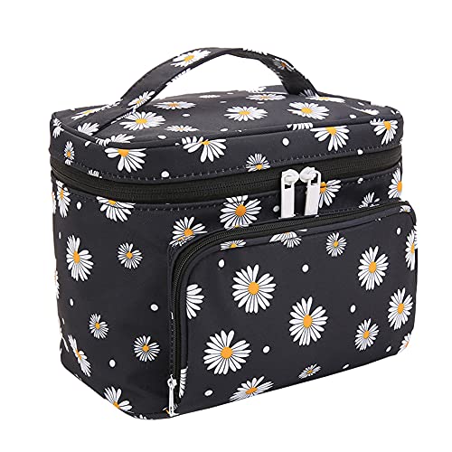 HOYOFO Large Makeup Bag with Brush Holders - Black Daisy