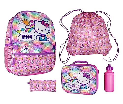 Hello Kitty Travel Backpack Neon Rainbows Magic Sequins 5 Piece Set