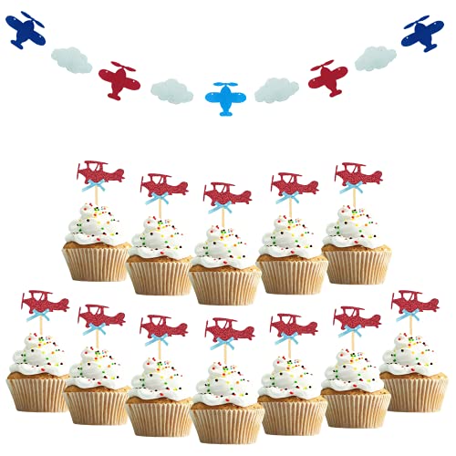 Happyay Airplane Cupcake Toppers and Garland for Party Decor