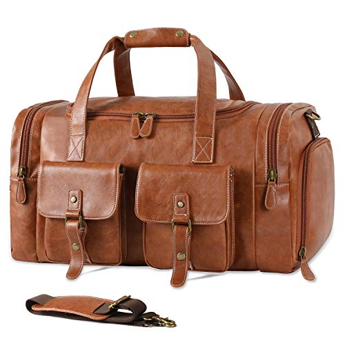 Brown Leather Travel Duffel Bag with Shoe Pouch