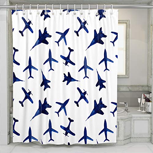 KELEMO Watercolor Blue Airplanes Shower Curtain