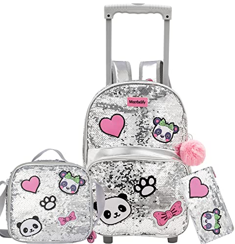 Cute Panda Rolling Backpack for Girls with Lunch Box