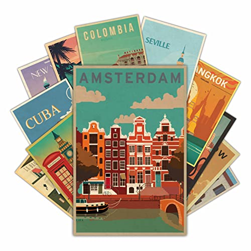 Vintage Travel Posters Decal for Room Decor - Pack of 12