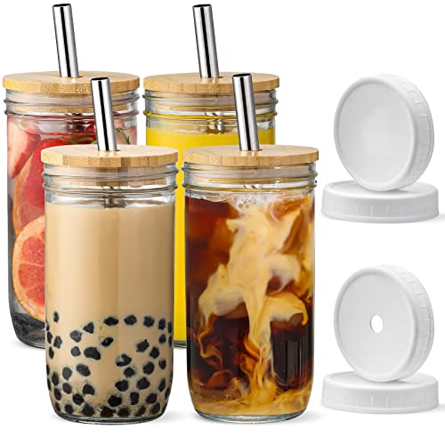 4 Pack Glass Cups Set - 24oz Mason Jars with Lids & Straws