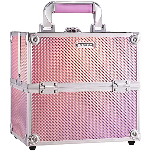 Frenessa Makeup Train Case - Portable Travel Storage Box with Dividers, Lockable - Mermaid Pink