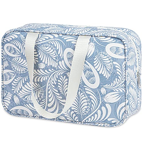 Large Toiletry Bag Women Travel Makeup Organizer (Blue Leaf)