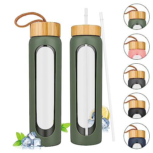 32 Oz Glass Water Bottles with 2 Bamboo Lids and Straws