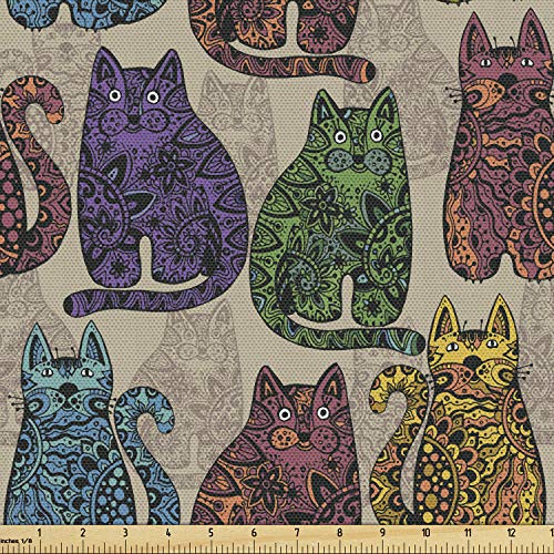 Ambesonne Cats Fabric - Colorful Vintage Kitten Animal with Zentangle Mandala Inspired Floral Motifs - Purple Green