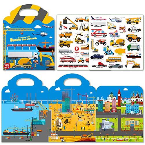 Reusable Sticker Book for Kids 2-4,45pcs Vehicles Cars 3D Jelly Stickers Toddlers Activity Book