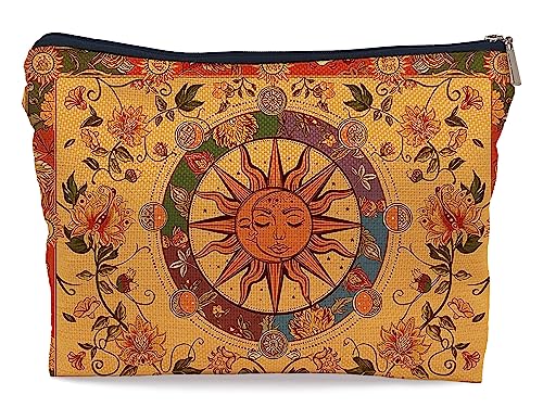 Retro Boho Burning Sun and Crescent Moon Makeup Bag