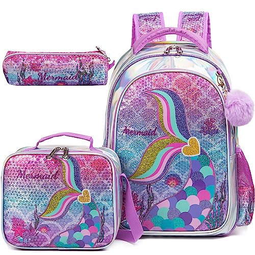 Mermaid Backpack for Girls with Lunch Box Set
