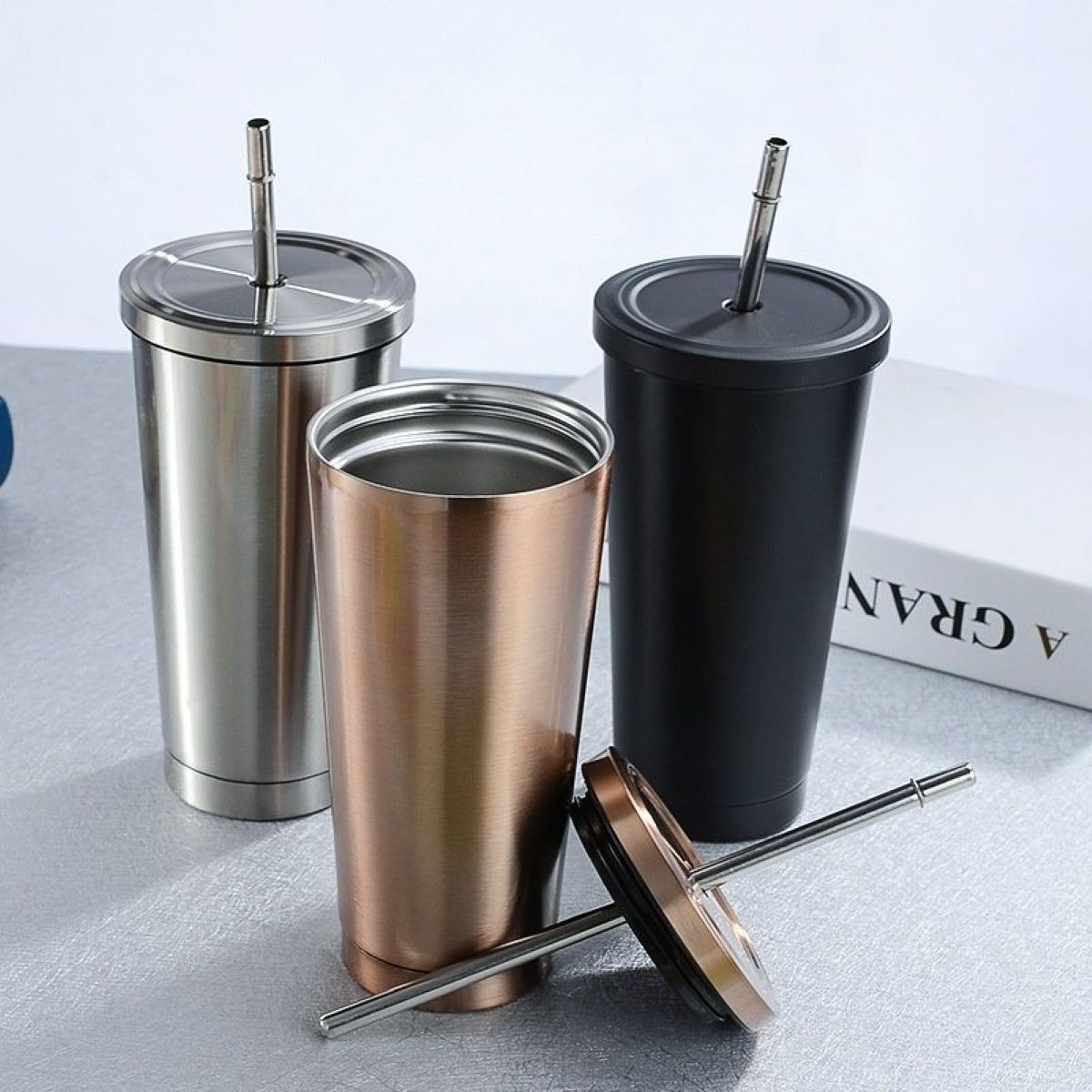Bubble Tea Straw Cup With Wooden Lid And Stainless Steel Straws Drinks Grey  Plastic Gradient Green White Cleaning Brush