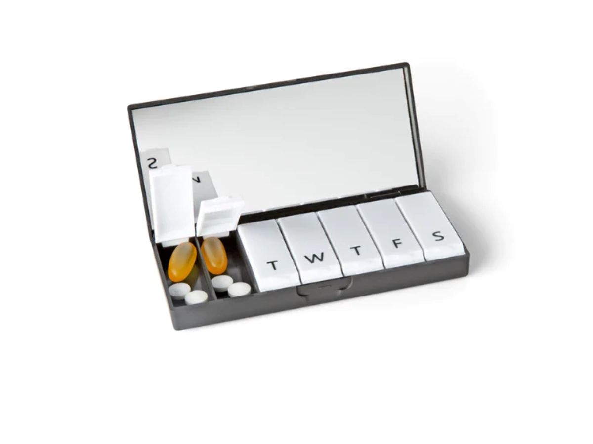 7 Day Weekly Pill Organizer 2.0 by mbarc - Premium Stylish Aluminum and  Wood Large Capacity Pill Box for Supplements, Pills, Vitamins and Medication.  (Steel Grey)