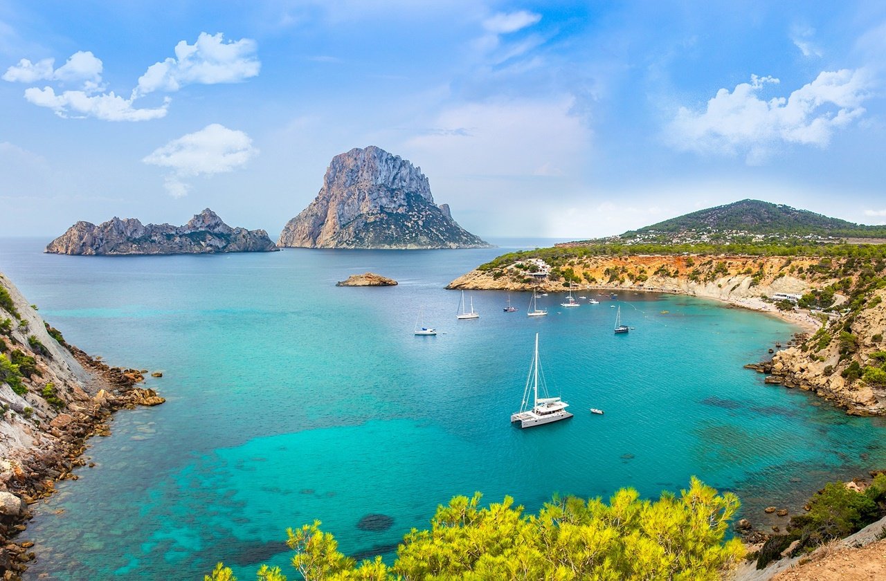 Aerial view of Ibiza's blue waters