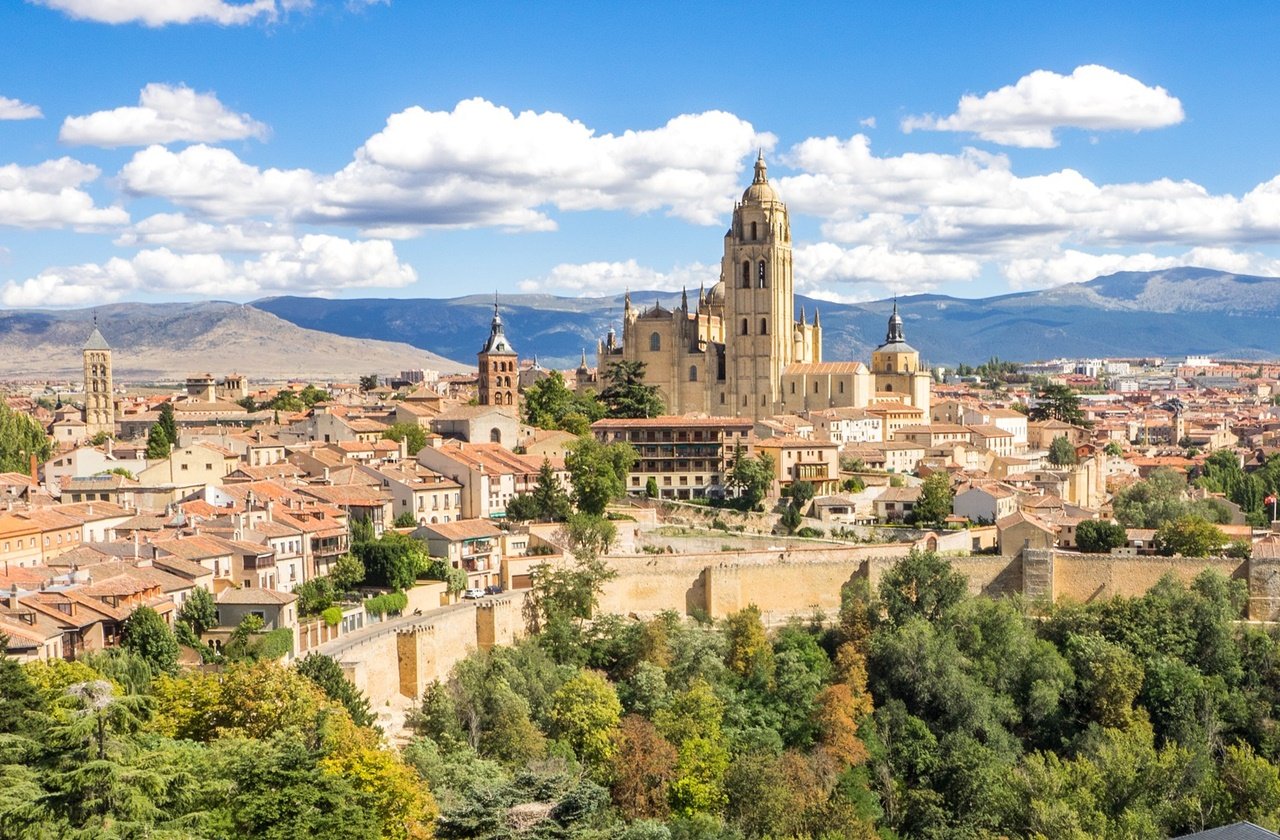 Panoramic view of Segovia overlooking the city walls and the cathedral