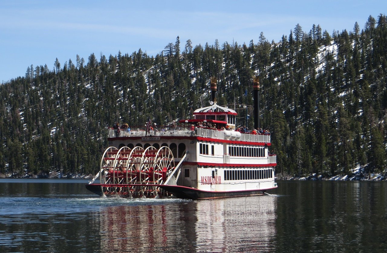 MS Dixie cruising along Emerald Bay State Park in Lake Tahoe