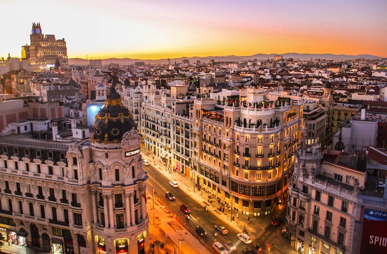 Sunset view of the Madrid from Calle Gran Vía