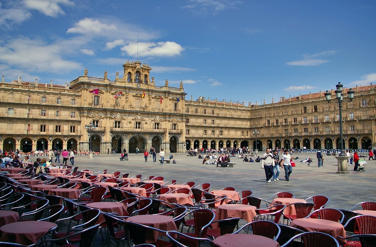 Plaza Mayor in Salamanca with tourists and locals