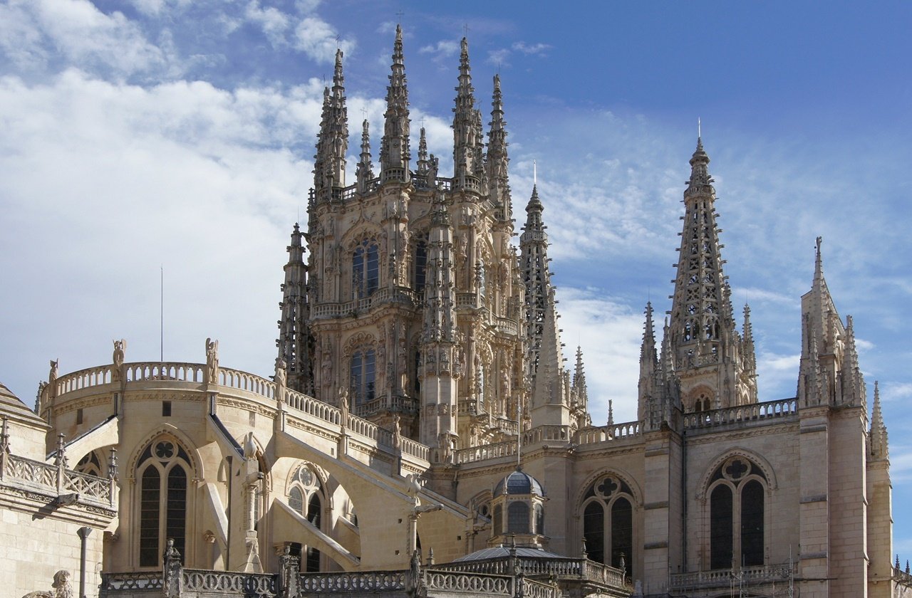 View of the towering spires of the Burgos Cathedral