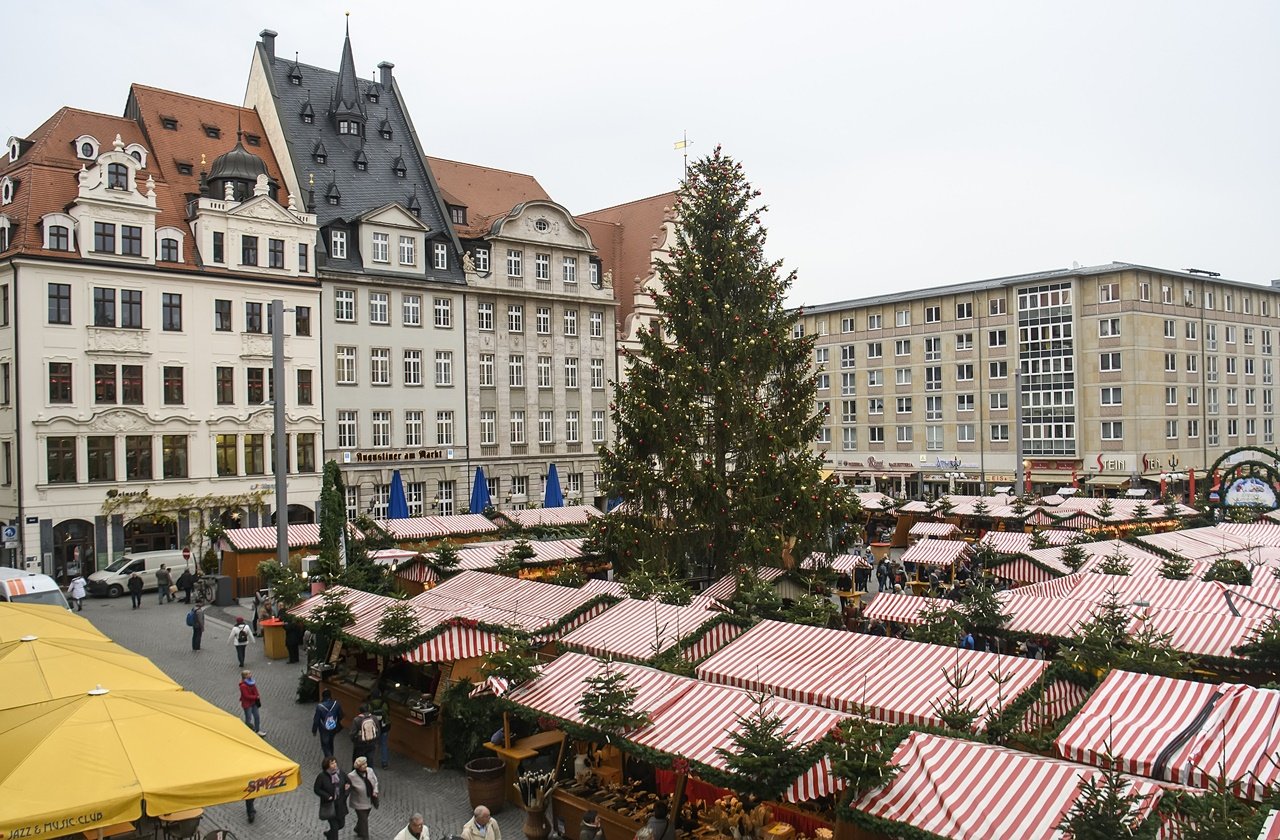 Stalls at a Christmas market in Leipzig near the Old Town Hall